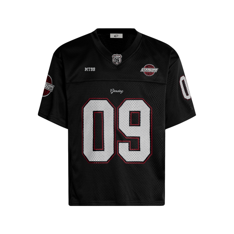 Black mesh football jersey with oversized 09 graphic, red trim, and short sleeves in streetwear style