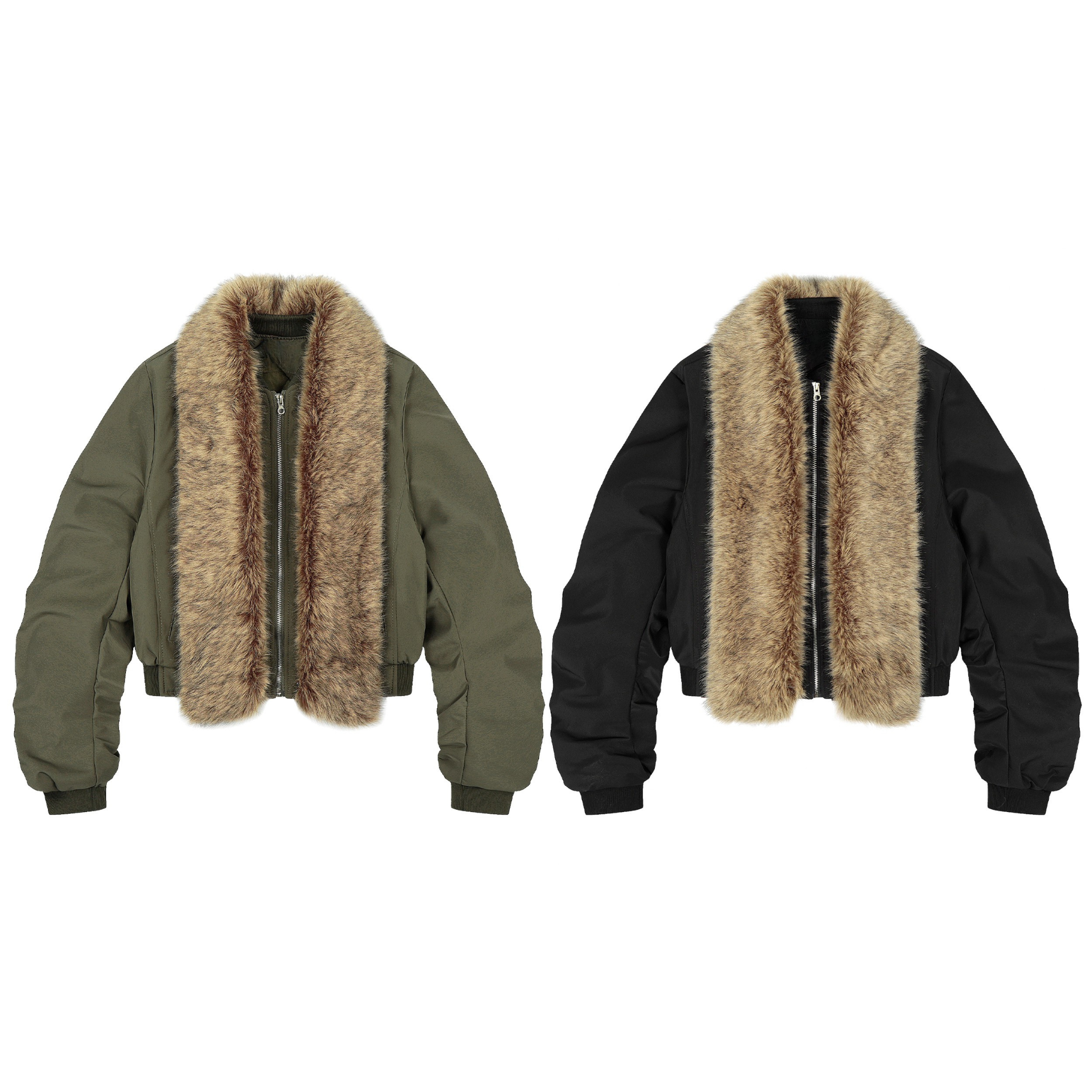 Detachable Faux Fur Scarf Bomber Jacket | Olive & Black