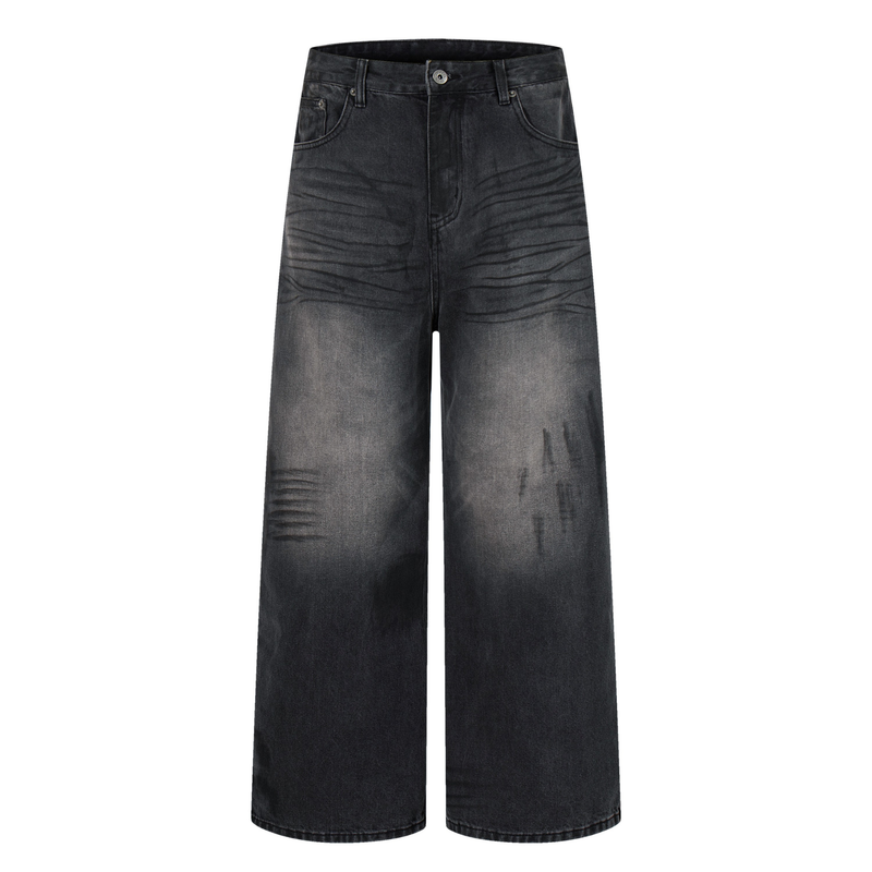 Front view of shadow wash wide-leg jeans with distressed fade and dark denim finish