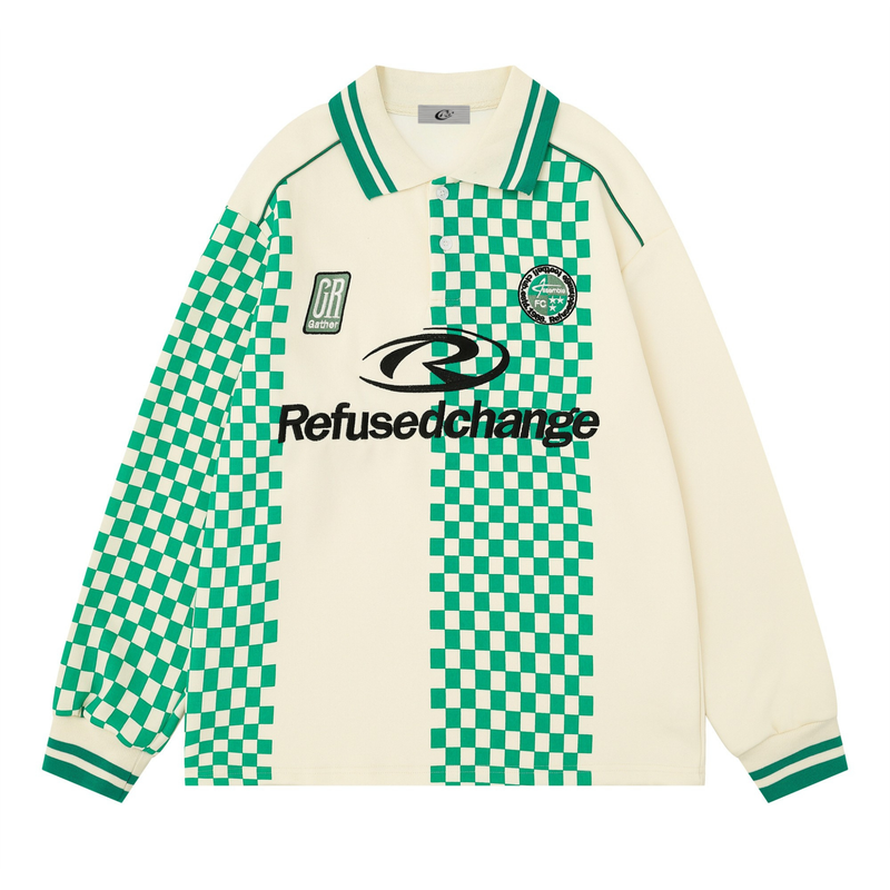 Cream long sleeve polo jersey with green checkered panels, front view