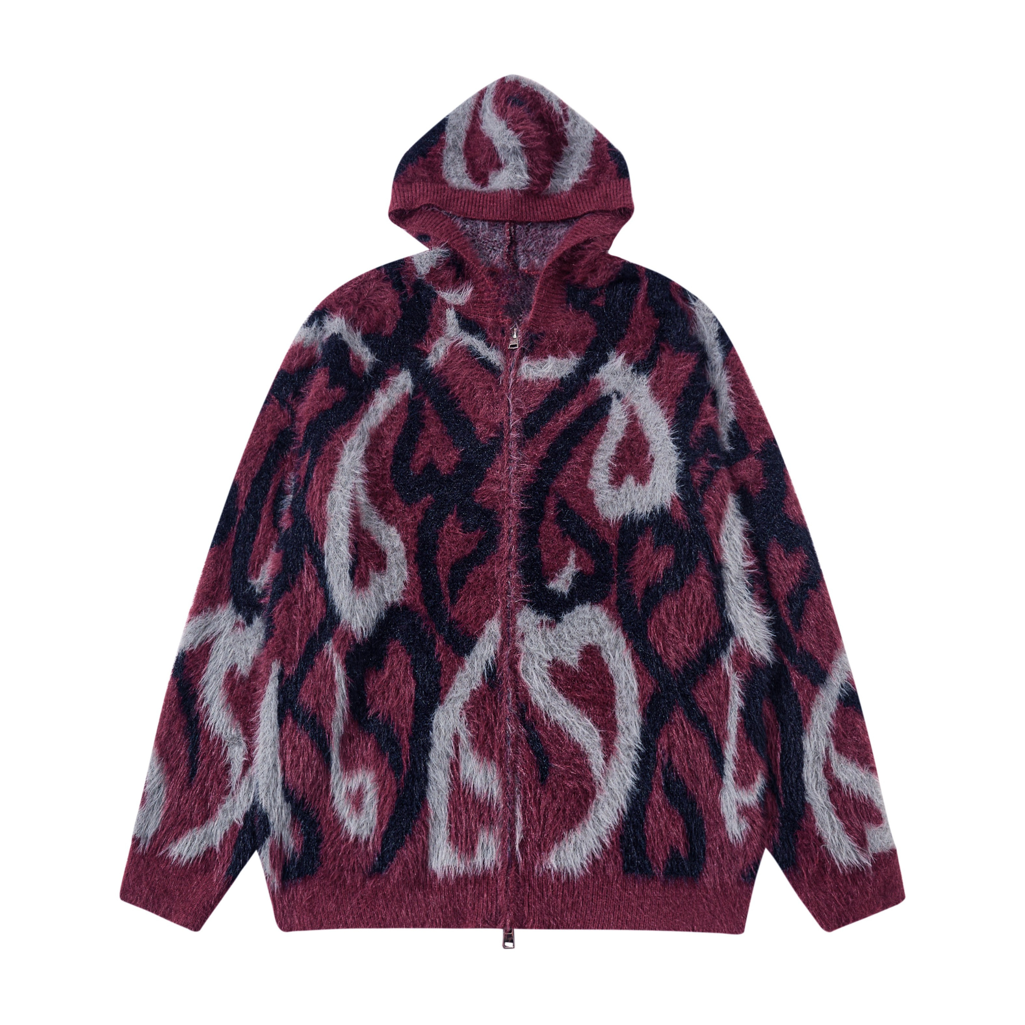 Abstract Flame Pattern Faux-Fur Zip Hoodie | Streetwear