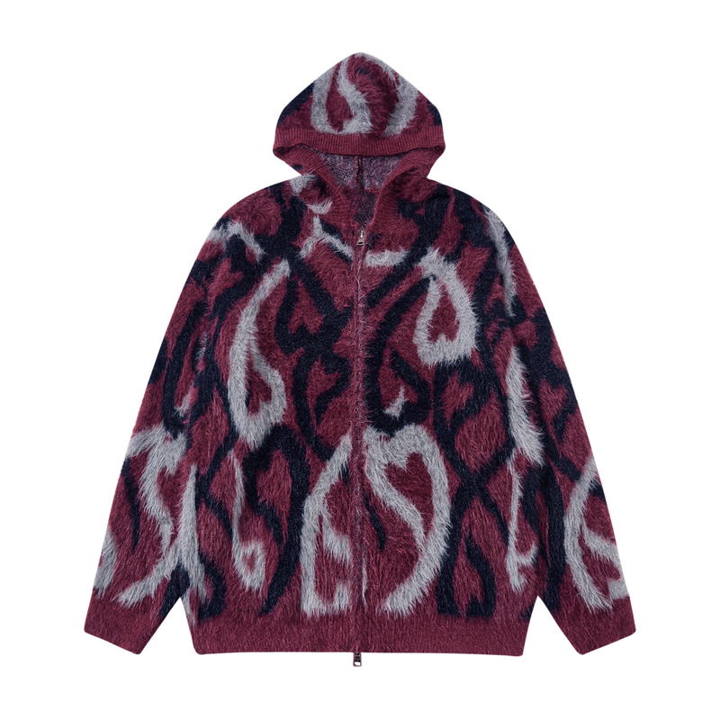 Front view of burgundy faux-fur zip hoodie with abstract flame pattern and hood up