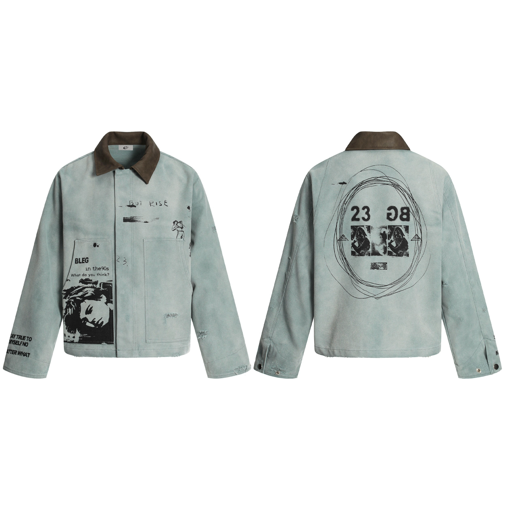 Omirad 90s Reflection washed cotton canvas work jacket with graphic prints, contrast corduroy collar, front and back views