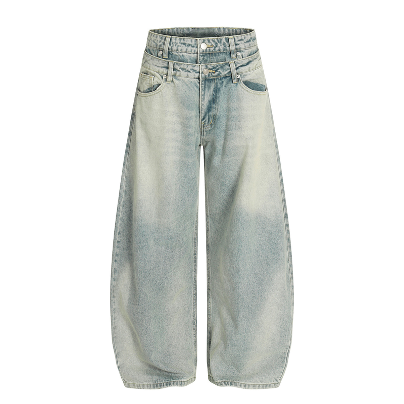 Front view of light wash oversized balloon-fit jeans with double waist and wide legs