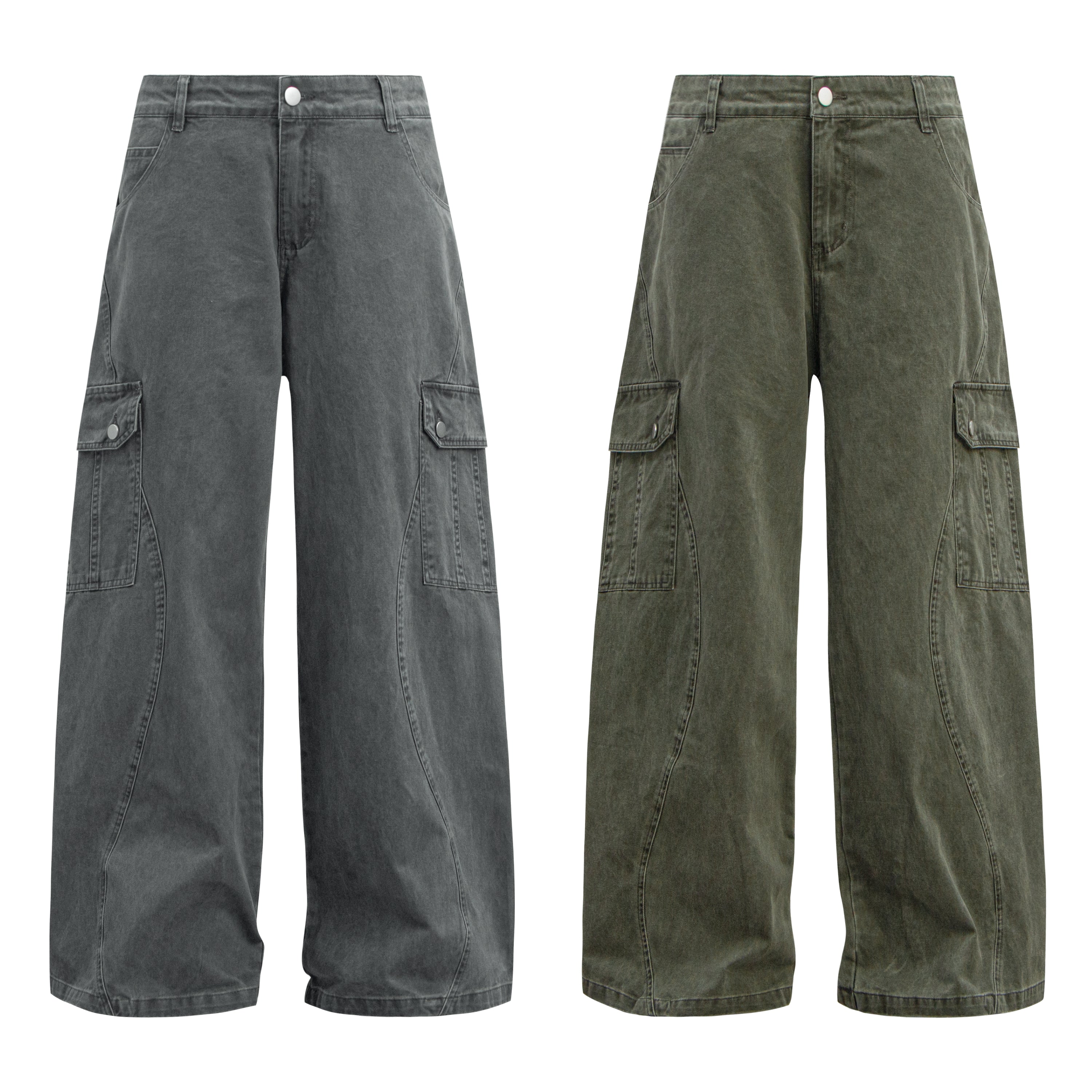 Omirad wide-leg cargo denim pants in acid-washed charcoal grey and olive green, shown side by side on white background