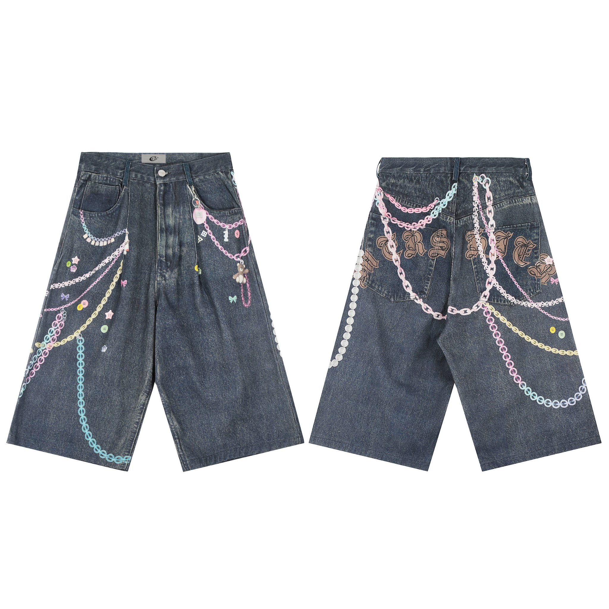 Front and back view of wide-leg denim shorts with pastel chain link and charm graphic print on dark blue vintage wash denim