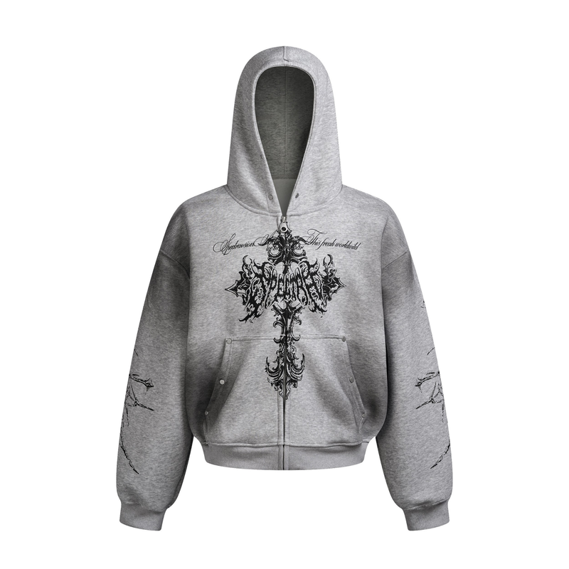 Front view of gray zip hoodie with black gothic cross graphic and oversized sleeves
