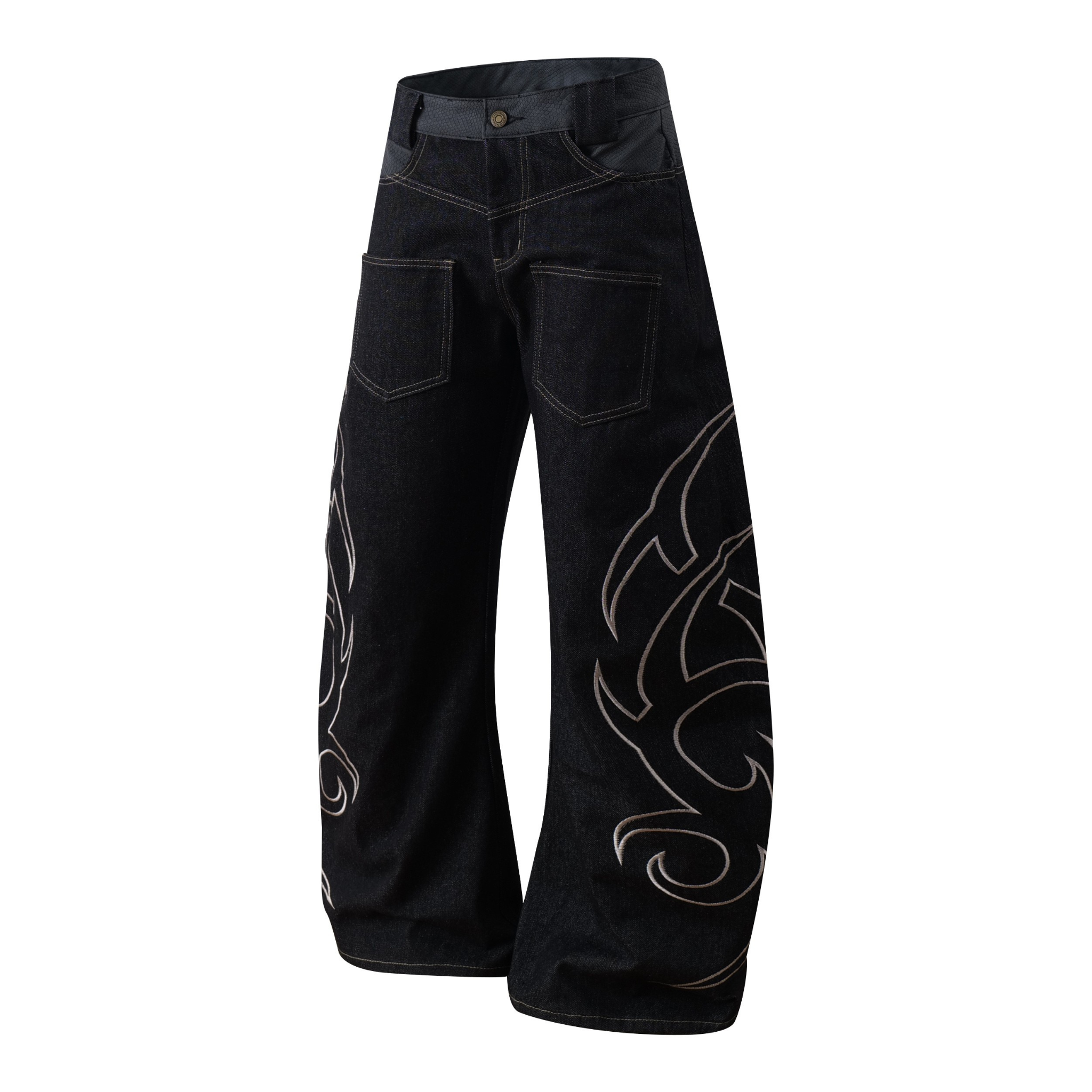 Tribal Embroidered Balloon Jeans | Wide Leg Dark Denim
