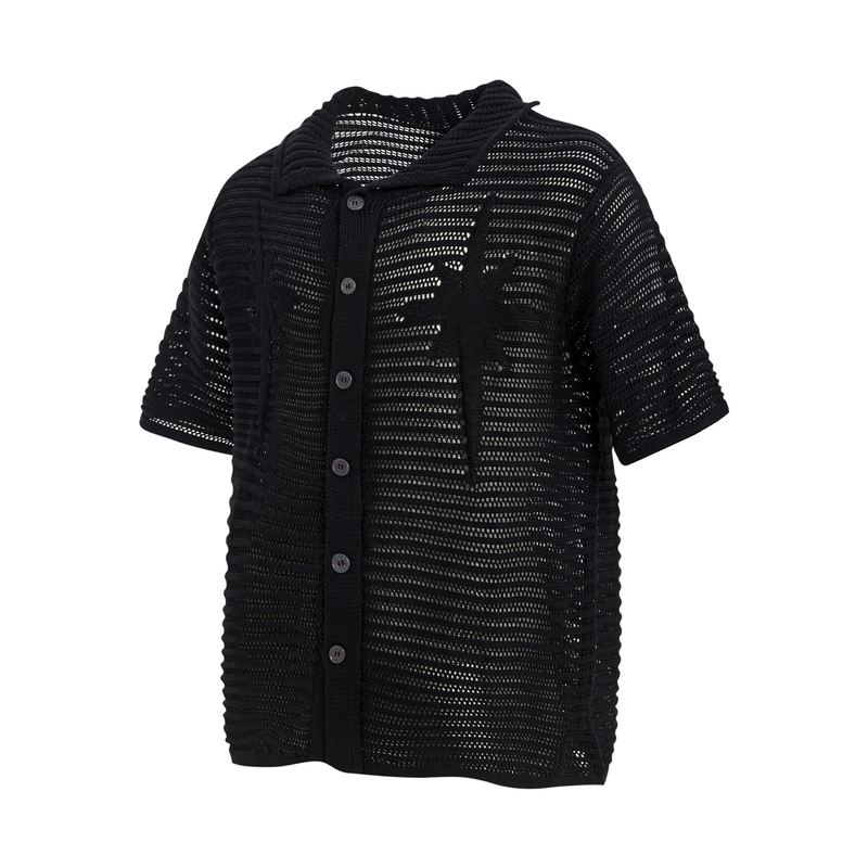 Black open-knit short-sleeve button-up shirt with sheer striped texture and star detail