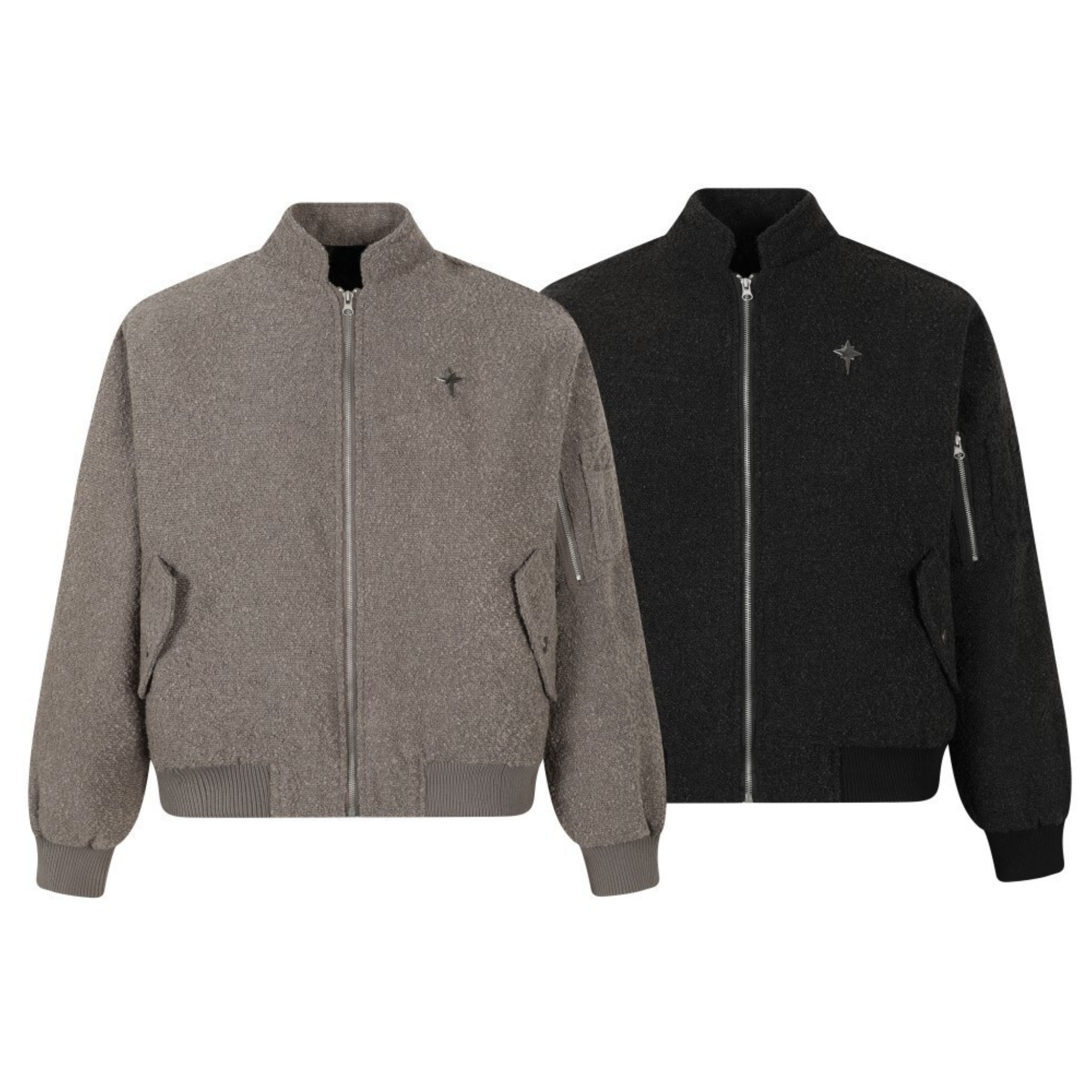 Omirad Textured Star Bomber Jacket in grey and black colorways, shown side by side on a white background