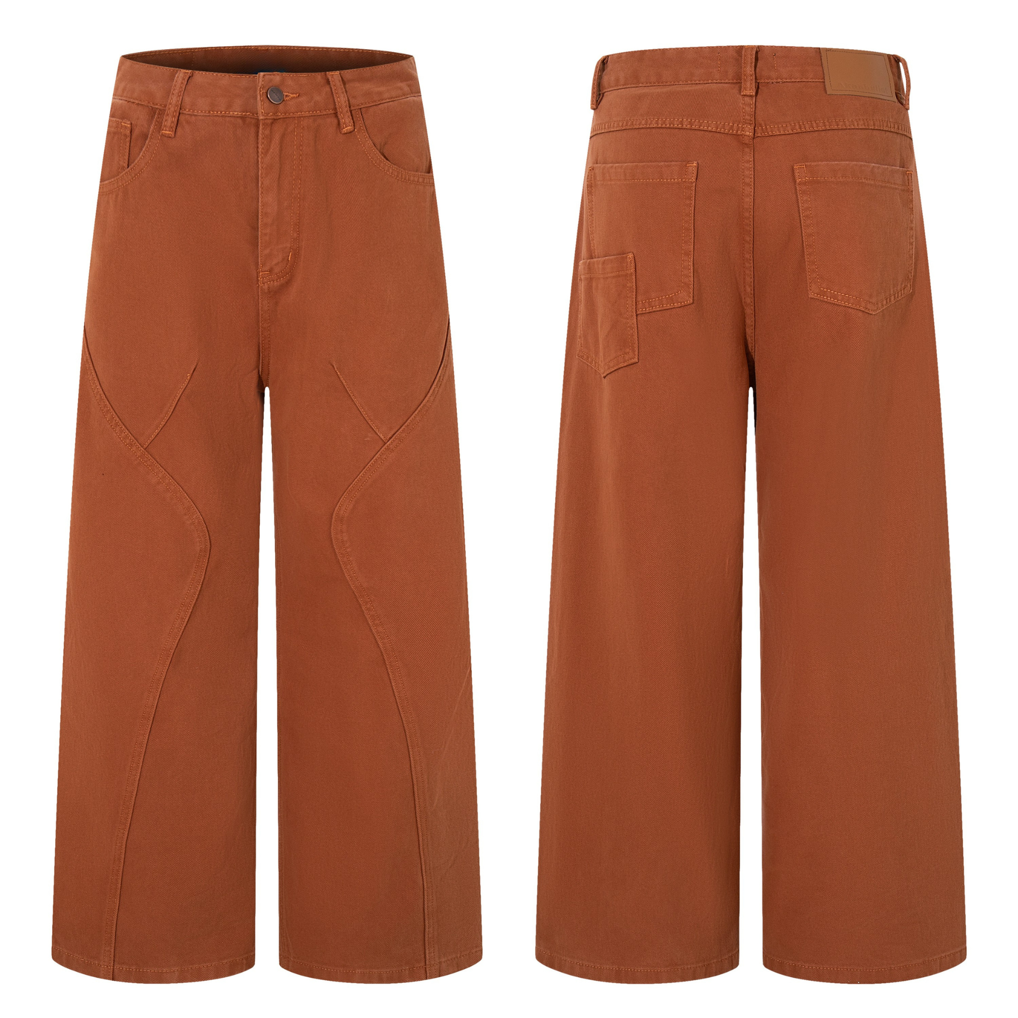 Front and back view of rust brown wide-leg jeans with curved tonal seam paneling and five-pocket design