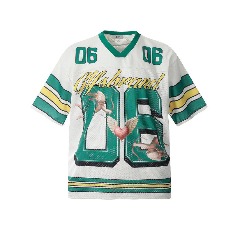 White and teal varsity football jersey top with angel graphics, number 06, and oversized streetwear lettering