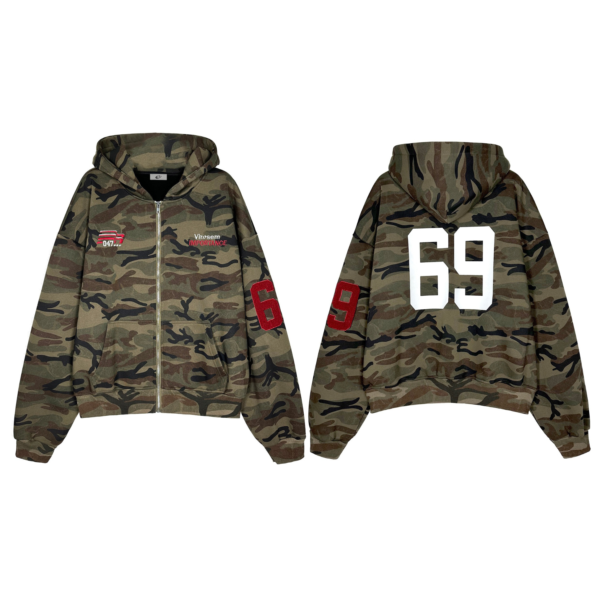 Front and back view of an olive military camo zip-up hoodie with red varsity number patch on sleeve and large white 69 graphi