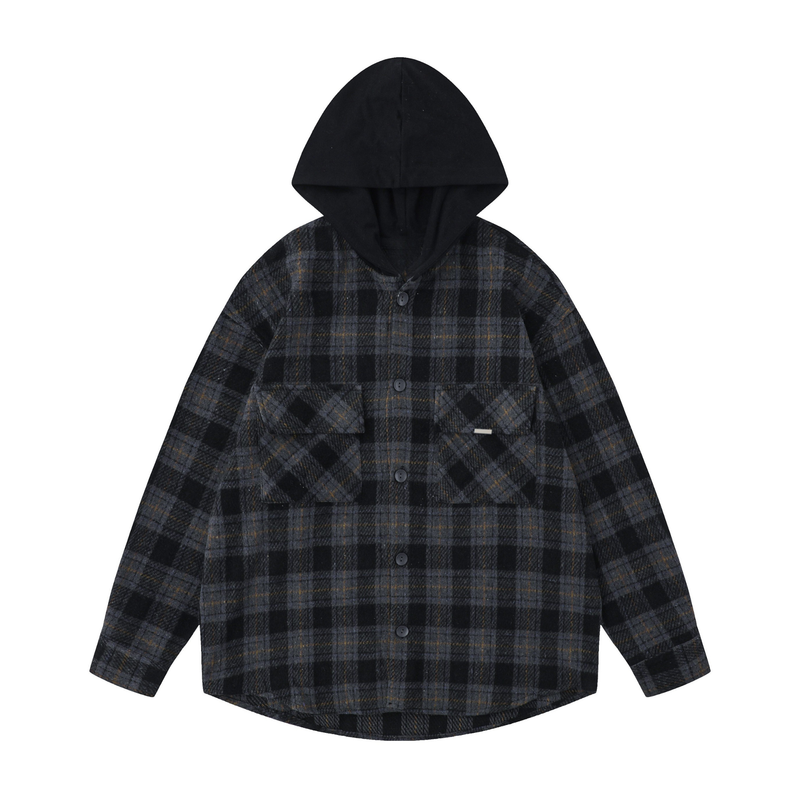 Black and charcoal plaid hooded flannel overshirt with front buttons and chest pockets