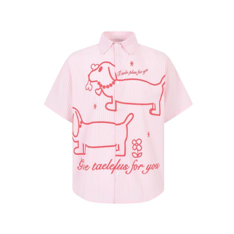 Pink striped short-sleeve button-up shirt with red dog graphic and script print, front view