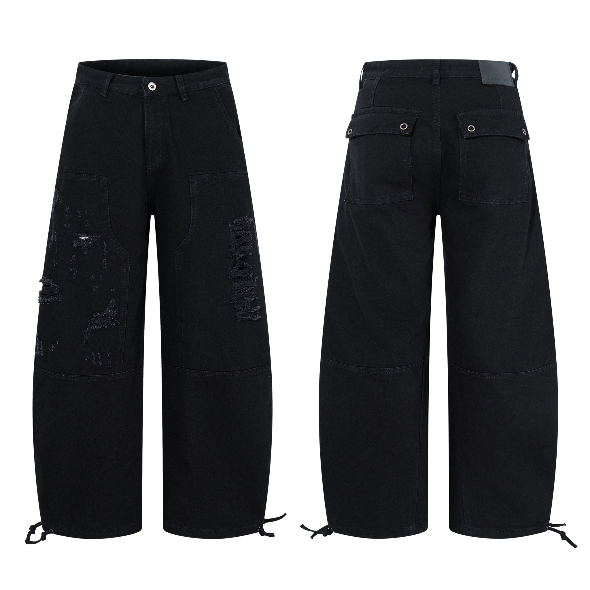 Front and back view of black distressed wide-leg tactical pants with utility pockets and adjustable drawcord hems