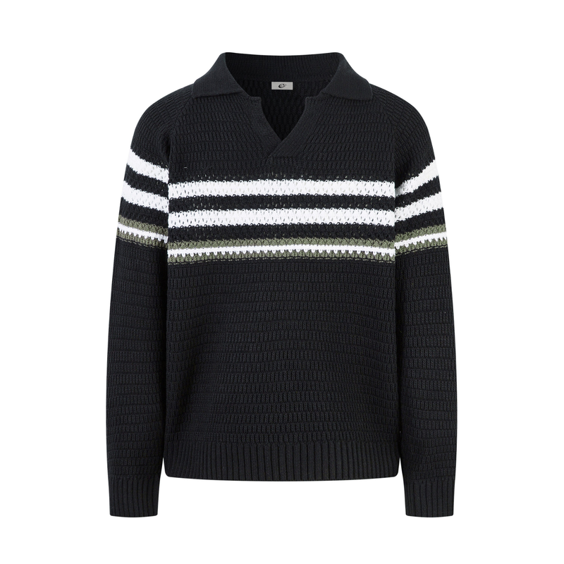 Black knit polo sweater with white and olive striped chest, front view