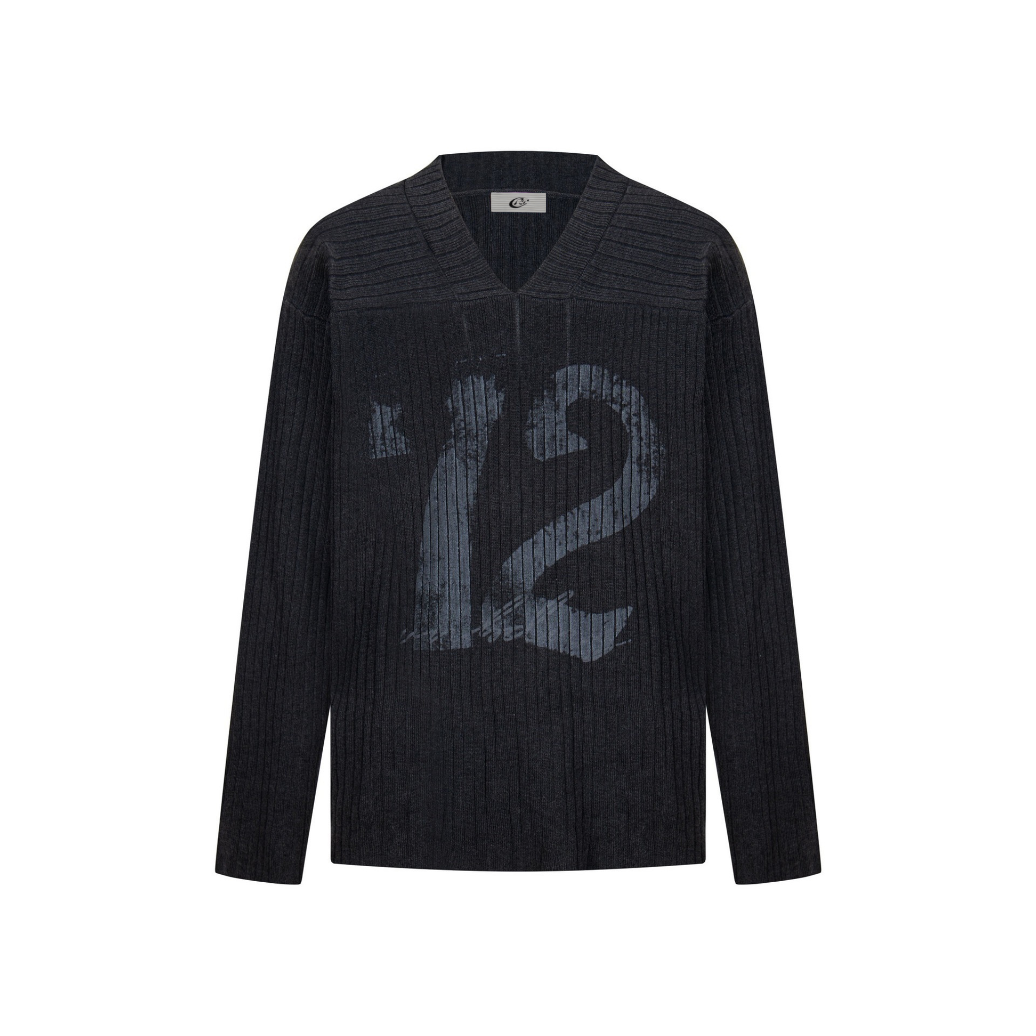 Vintage Graphic Ribbed Knit Top | Number 12 V-Neck Sweater