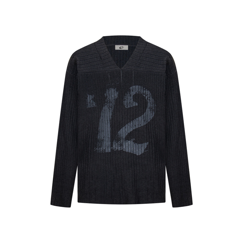 Black ribbed V-neck sweater with faded Number 12 graphic, front view