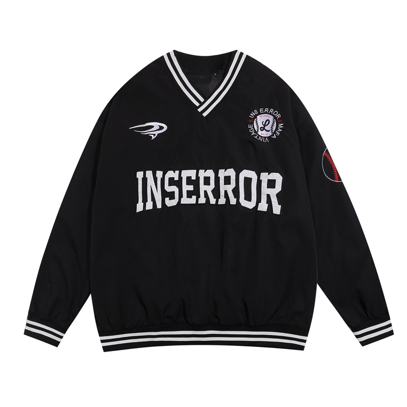 Front view of black varsity sweatshirt with white striped V-neck and INSERROR lettering