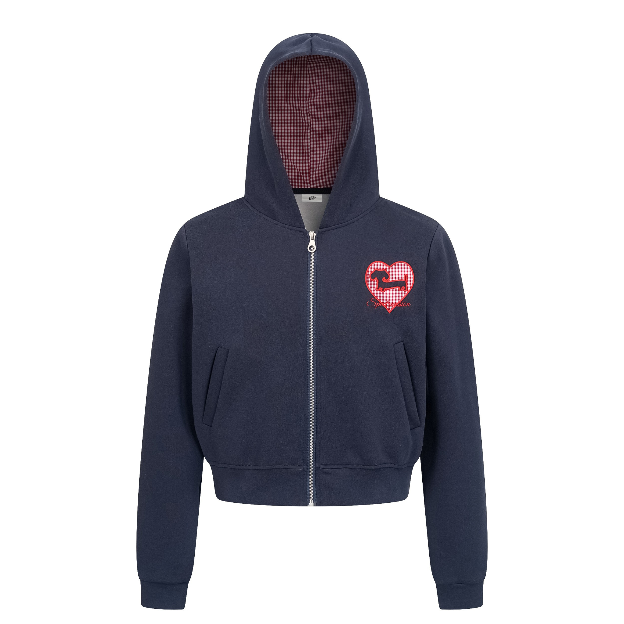 Gingham Heart Embroidered Cropped Zip Hoodie | Women