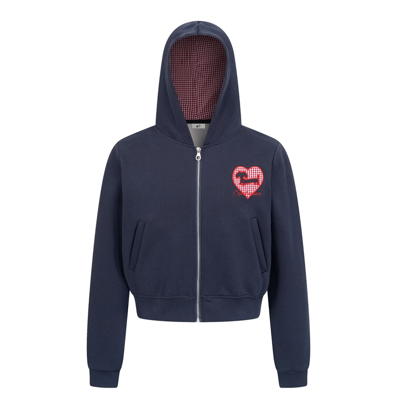 Navy cropped zip hoodie with red gingham heart embroidery on the chest, front view