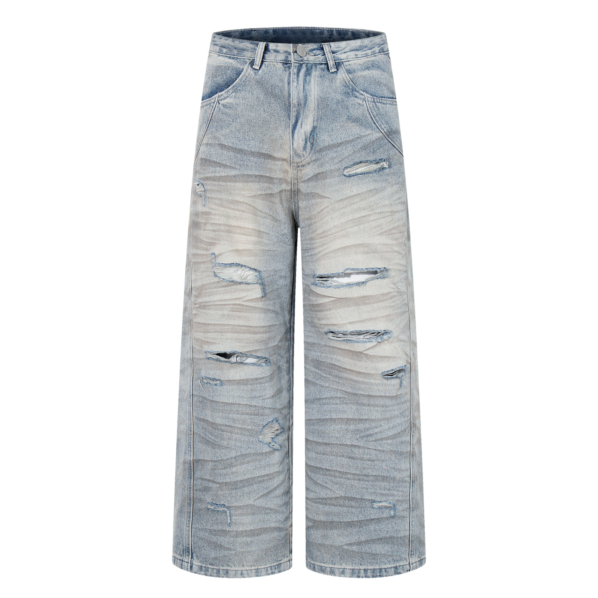 Heavy Whisker Destroyed Wide-Leg Jeans | Distressed Denim