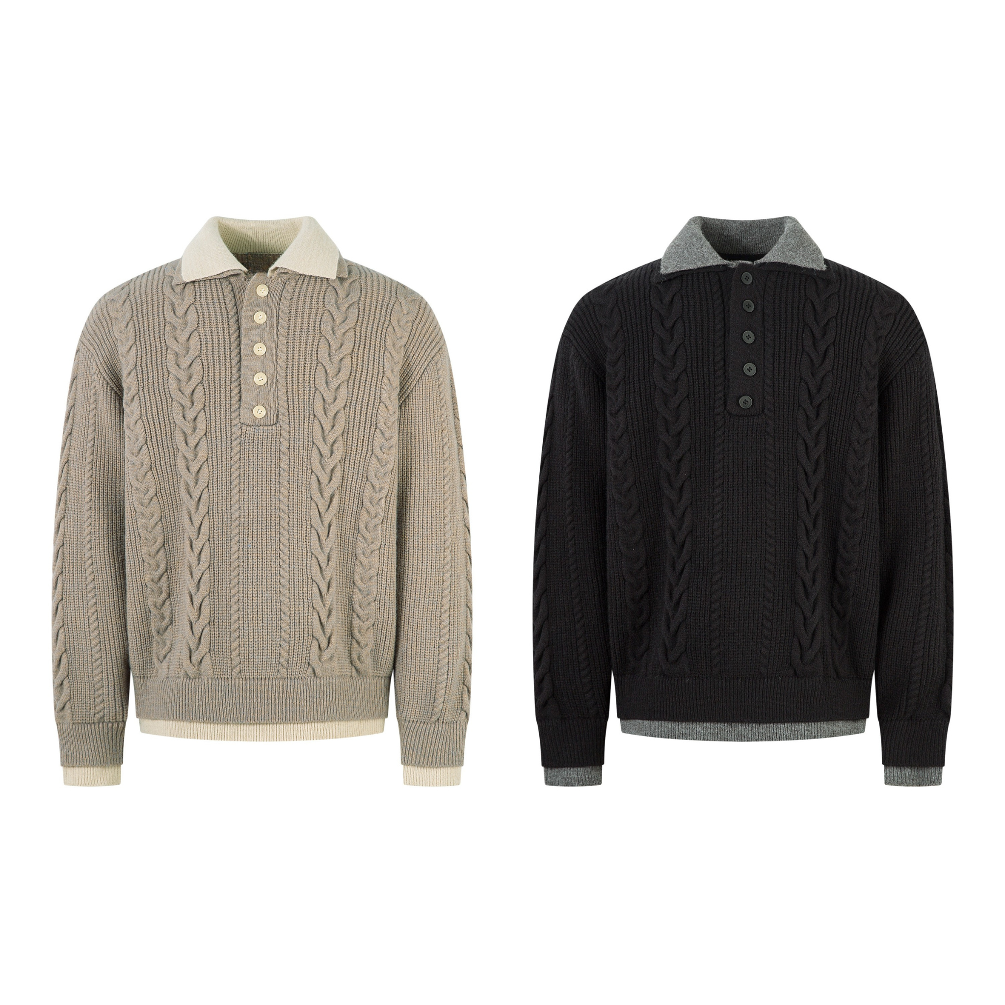 Taupe cable knit polo sweater with cream contrast collar, multi-button placket, and ribbed cuffs on white background
