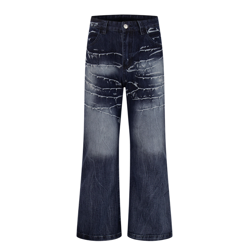 Front view of deep indigo wide-leg jeans with cracked-wash fading and five-pocket styling