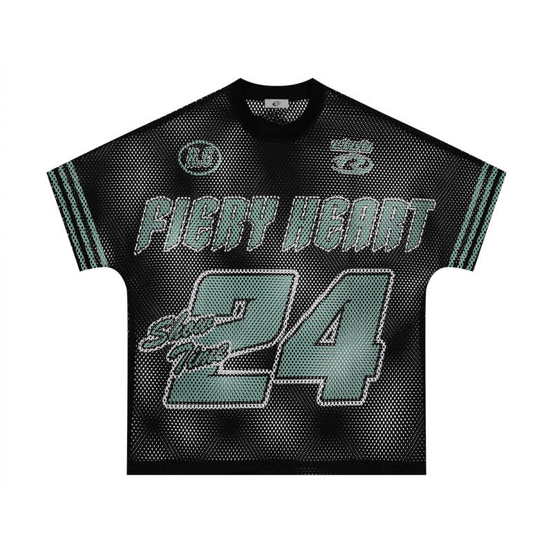Black mesh jersey tee with mint varsity graphics, Fiery Heart text, and oversized 24 print on the front