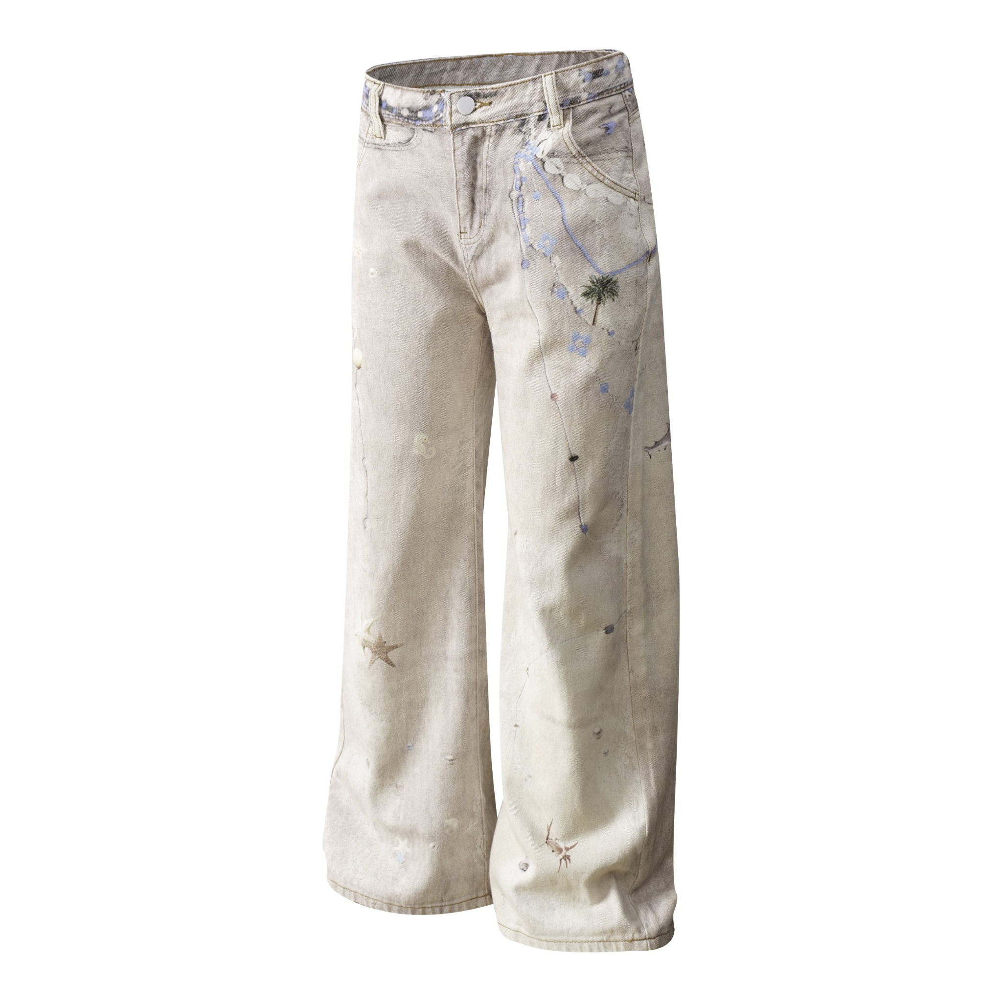 Washed Botanical Print Wide-Leg Jeans | Omirad