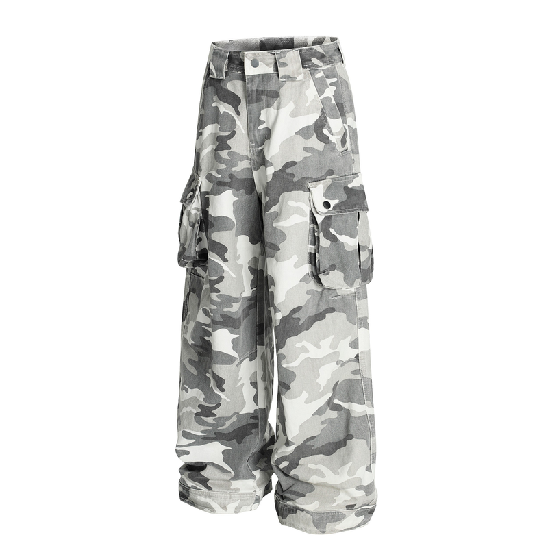 Angled front view of gray camo cargo pants with oversized flap pockets and wide-leg cut