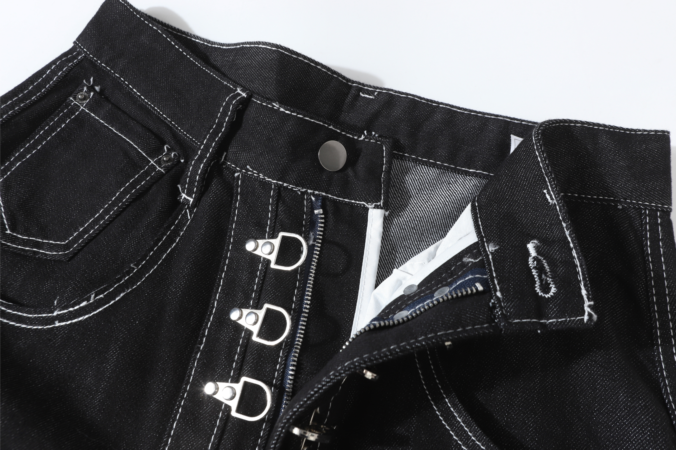 Wide-Leg Black Denim Pants with Metal Buckle Closure