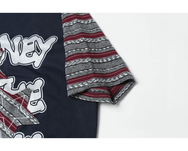 Seakoff patchwork graphic T-shirt with navy body, white Money print, and striped red-gray sleeves
