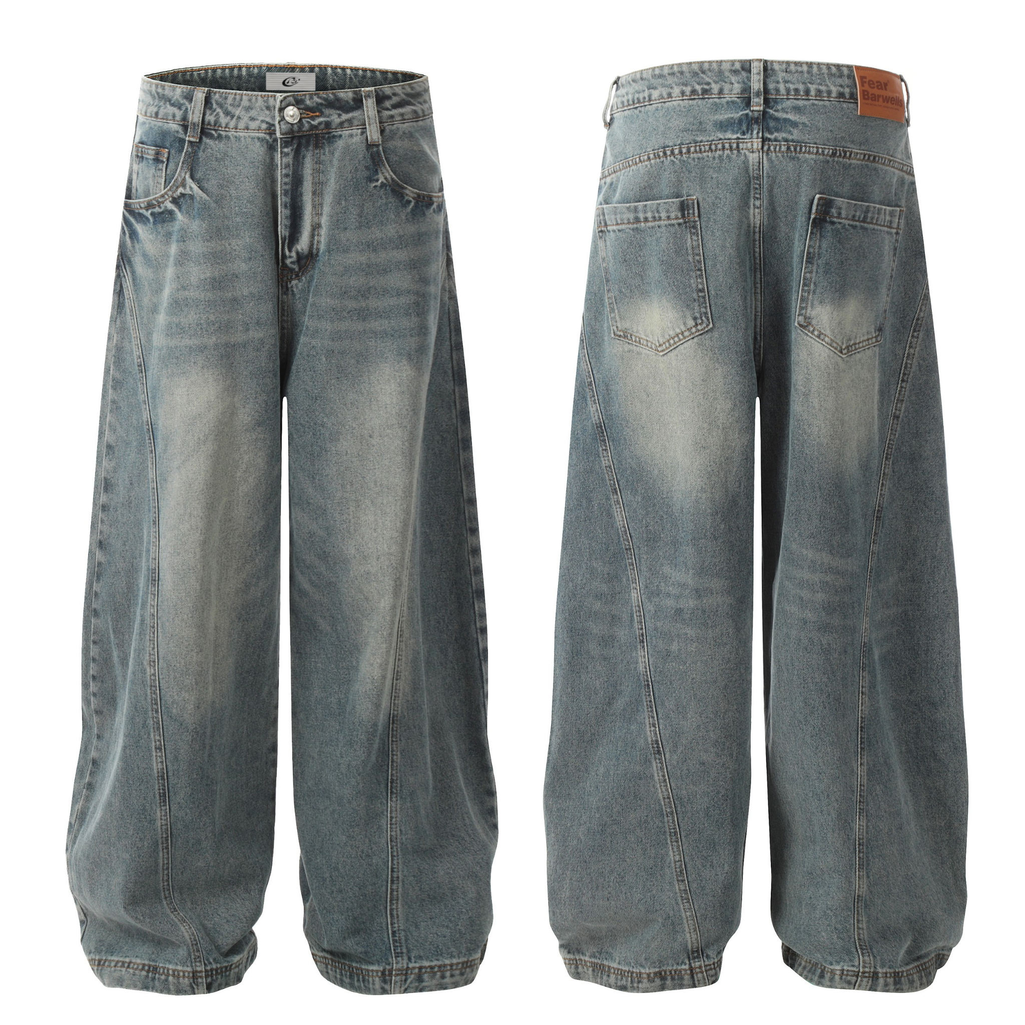 Front and back view of vintage washed balloon-fit denim pants with curved panel seams and elasticated hem