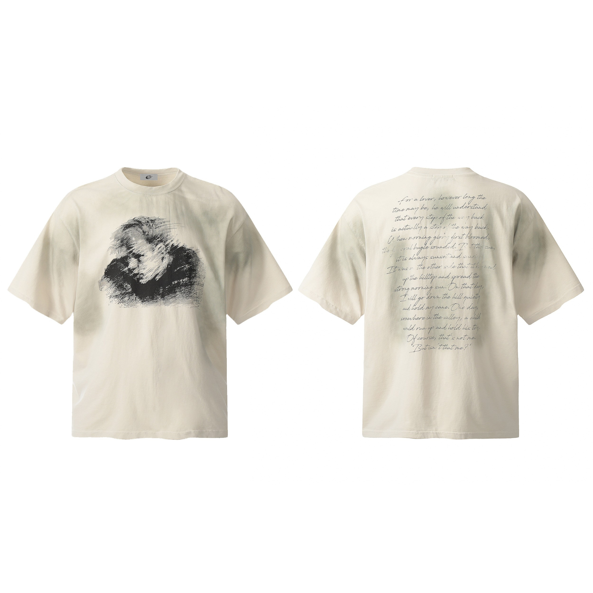 Cream oversized t-shirt with distressed monochrome brushstroke portrait print on the front, shown front and back