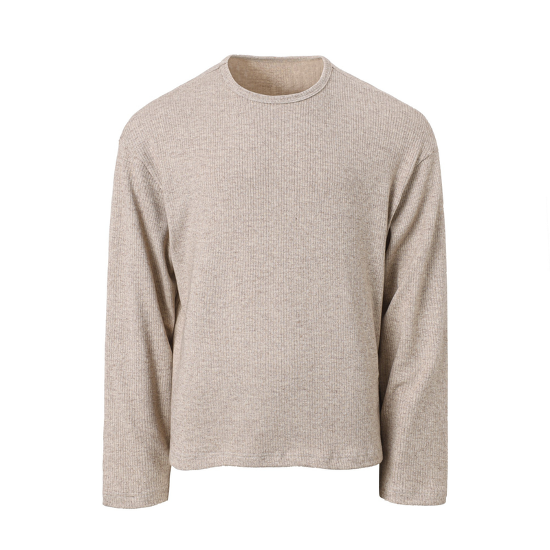 Beige ribbed long-sleeve crew neck tee front view
