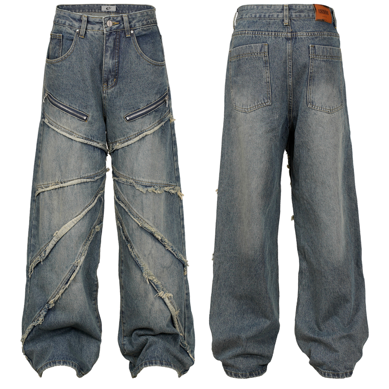 Spiral-Tear Grunge Wide-Leg Denim Jeans | Distressed Streetwear