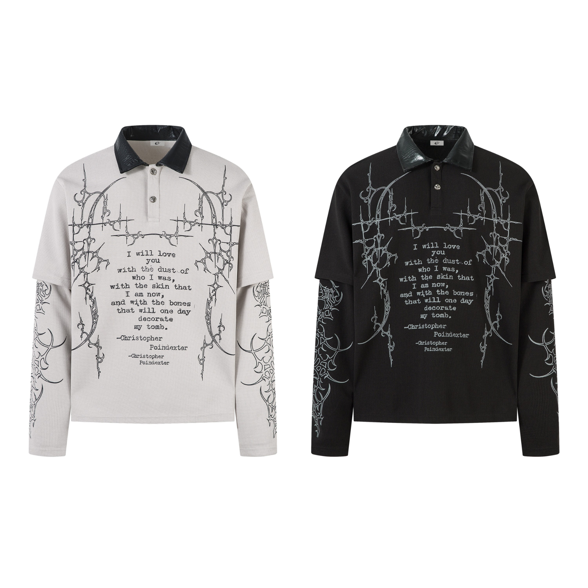 Black and off-white Omirad Barbed Poetry layered long sleeve polo shirts with gothic graphic prints and faux-leather collar
