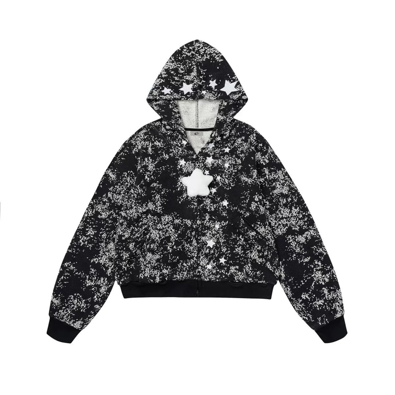 Black starburst zip hoodie with hood up and plush star charm on the front