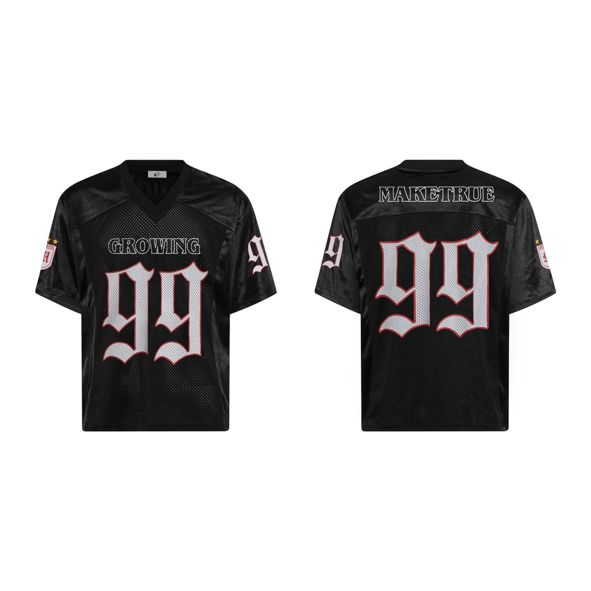 Black oversized gothic mesh football jersey with white and red 99 graphics, front and back view on white background