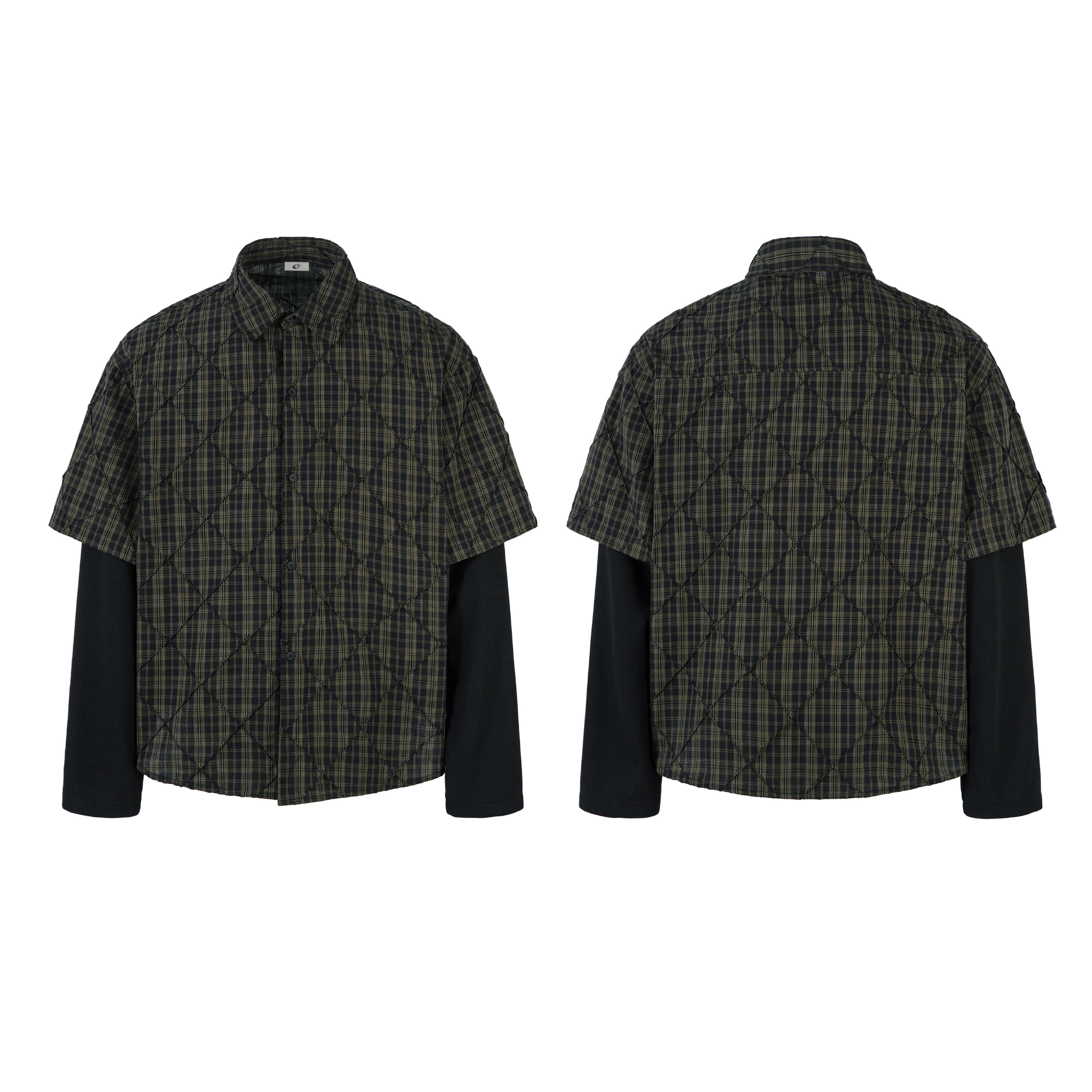 Front and back view of a quilted olive plaid short-sleeve shirt with built-in black long sleeves