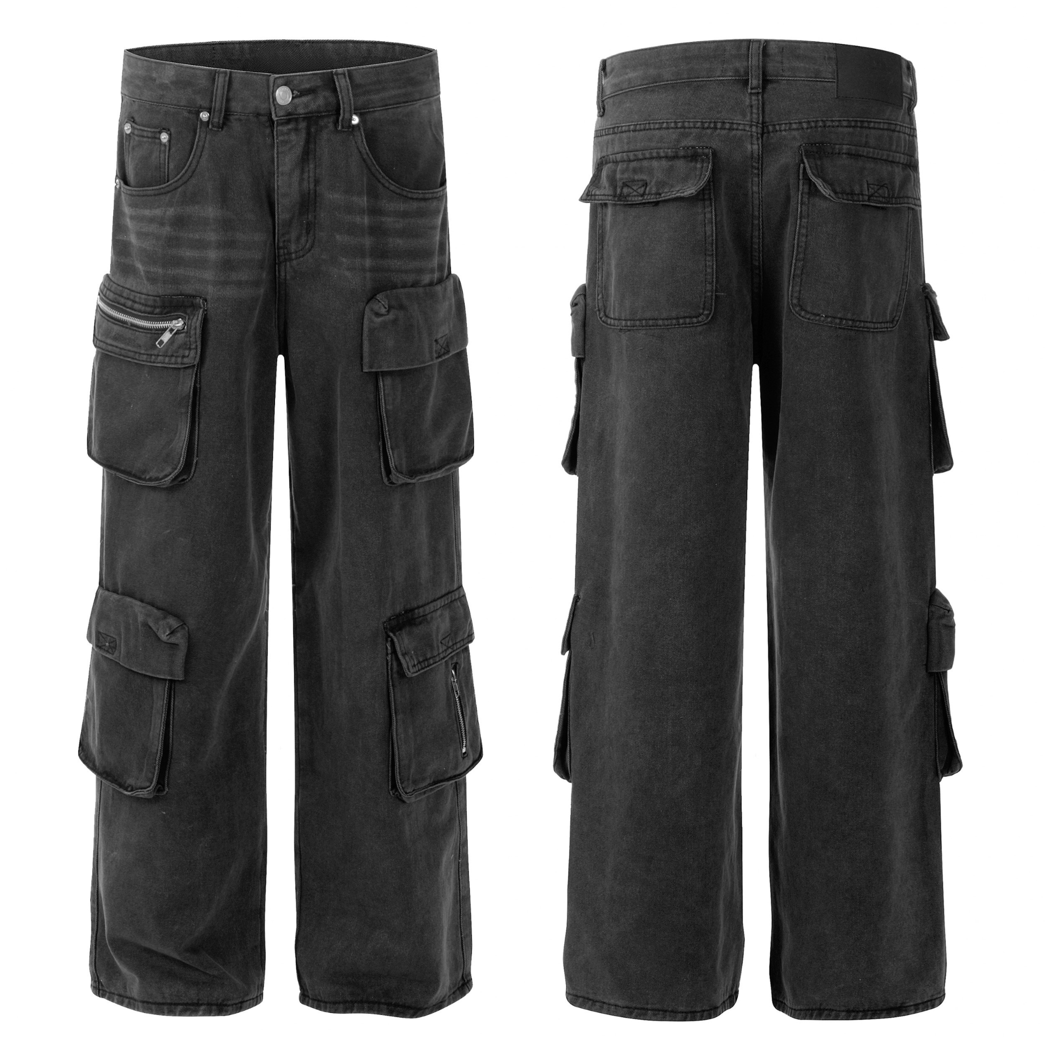 Front and back view of washed black wide-leg cargo jeans with multiple zipper and flap pockets on both legs