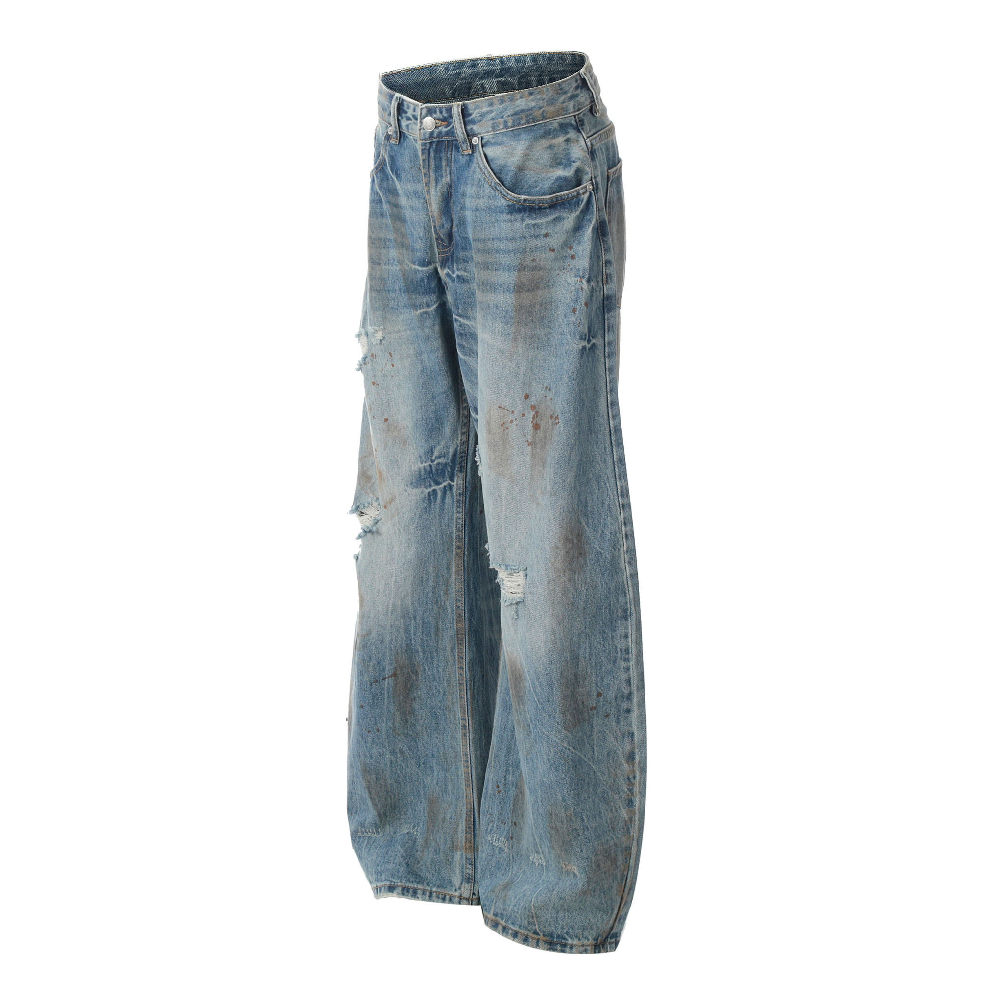 Rust-Wash Distressed Wide-Leg Jeans | Omirad