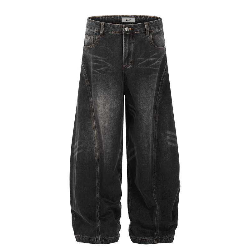 Black vintage wash balloon jeans with wide legs, front view