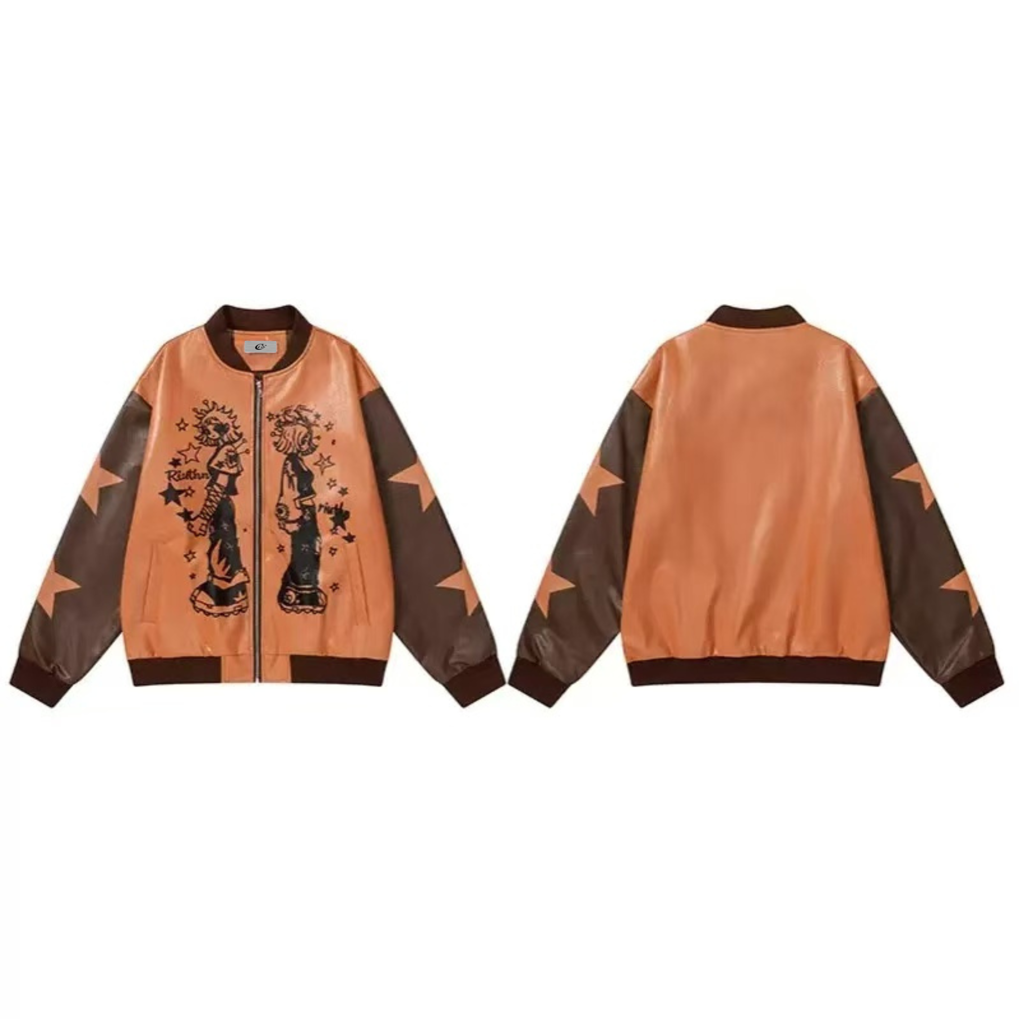 Orange and brown PU leather varsity bomber jacket with anime character graphics and star-panel contrast sleeves, front and ba