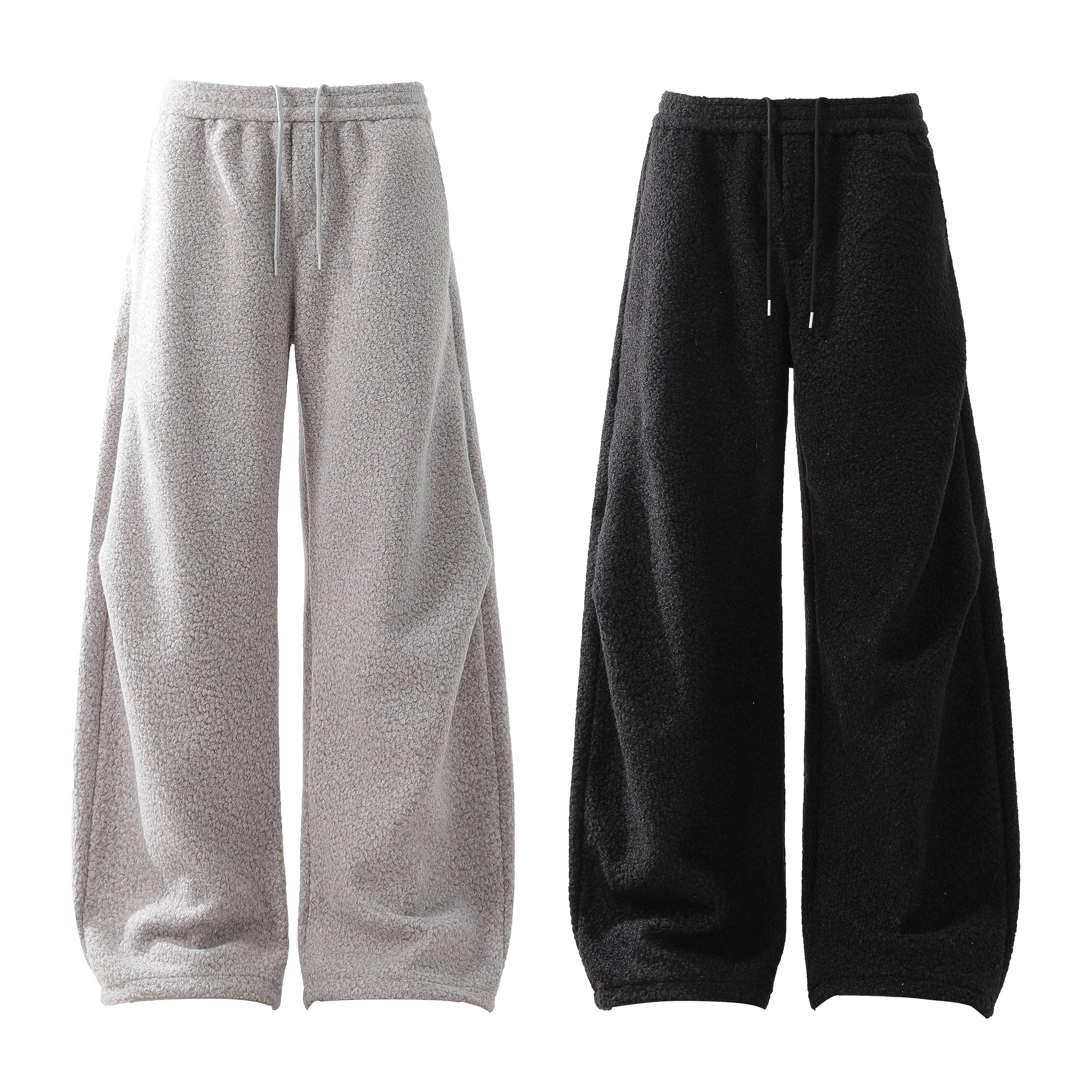Omirad plush fleece wide-leg sweatpants in light grey and black with drawstring waist, displayed flat on white background