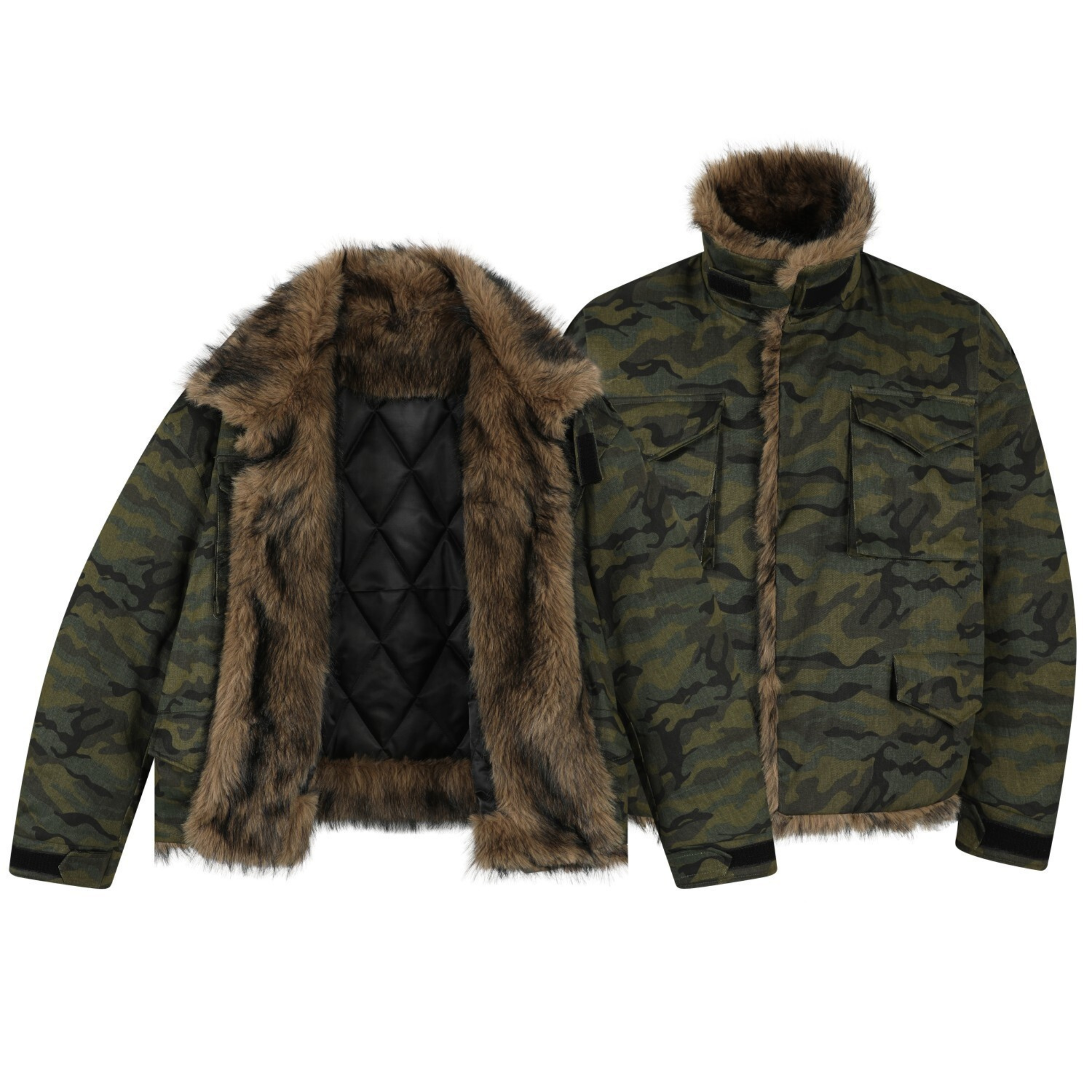 Omirad camo fur-lined jacket shown open and closed, featuring faux-fur collar, quilted lining, and military camouflage shell