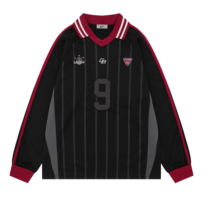 Black pinstripe soccer jersey with maroon collar, front view with chest patches and number 9