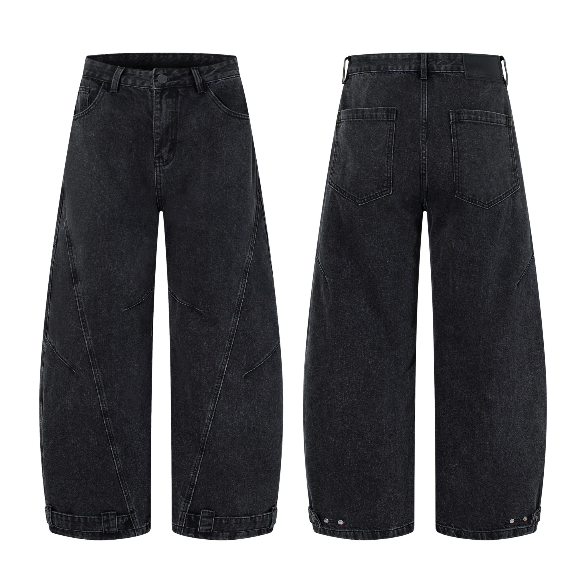 Front and back view of washed charcoal wide-leg cargo jeans with diagonal panel seams and adjustable ankle hem tabs